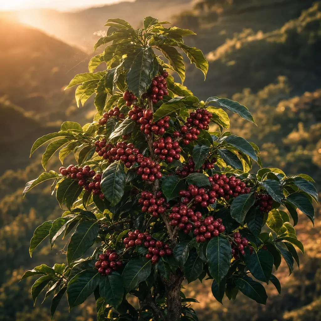 A coffee tree heavy with ripe cherries