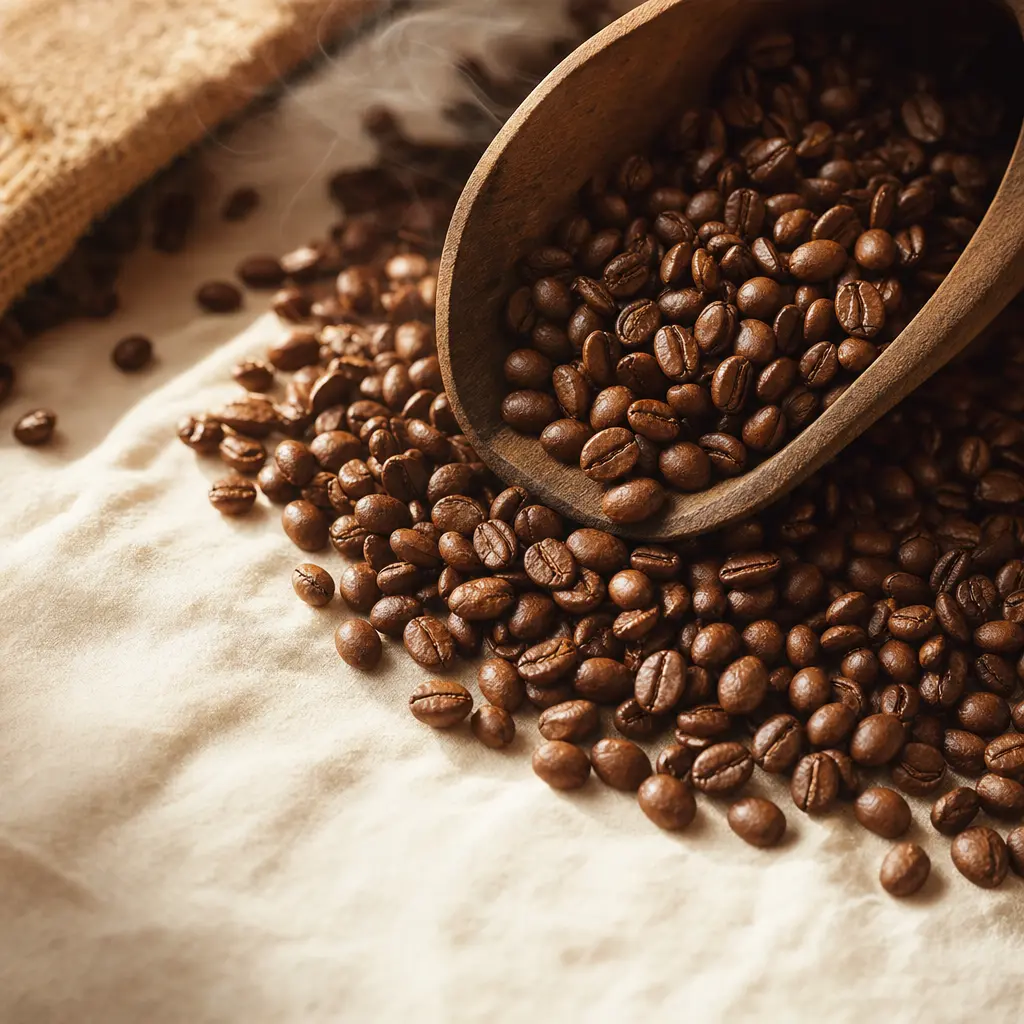 Freshly roasted coffee beans spilling from a wooden scoop